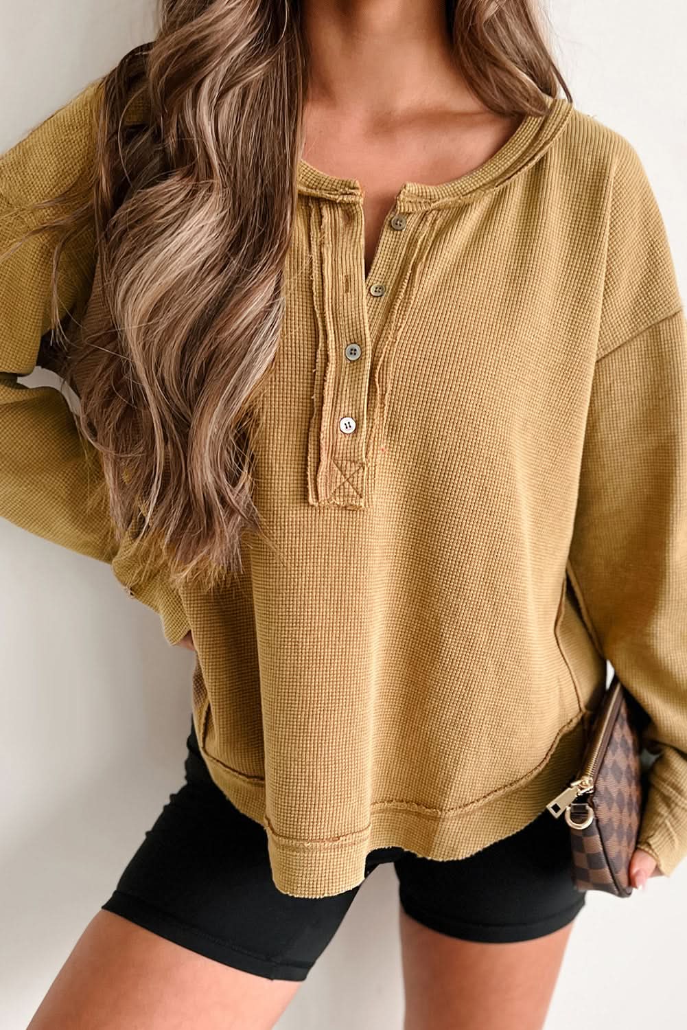 Camel Textured Knit Half Button Drop Shoulder Oversized Top - Love Salve